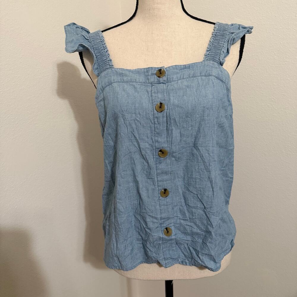 J. Crew Blue Chambray Cotton Ruffle Button Cottagecore Tank Top Womens Small EUC